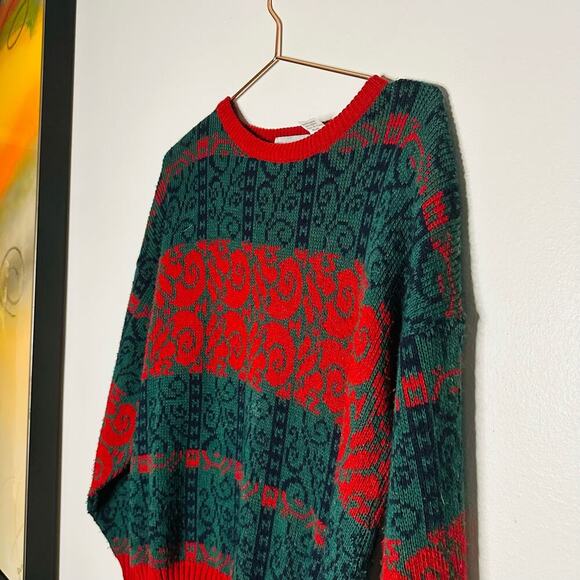 Vintage Tarrazia Red Green Holiday Crewneck Longsleeve Geometric Sweater Size M - Picture 6 of 10